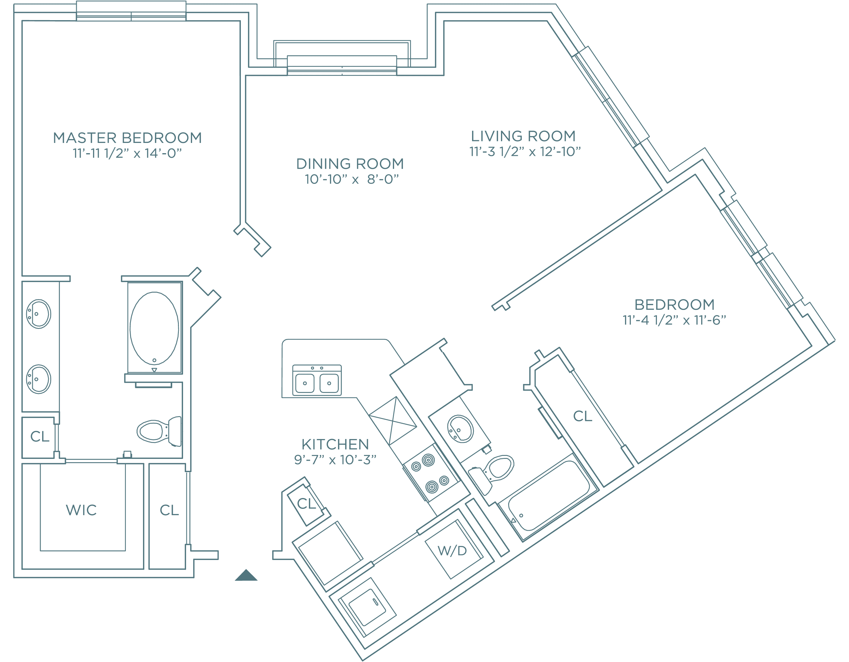 The Preserve Apartments - Residence H - 2 bedroom, 2 bathroom floorplan with walk-in closet in master and spacious living area.