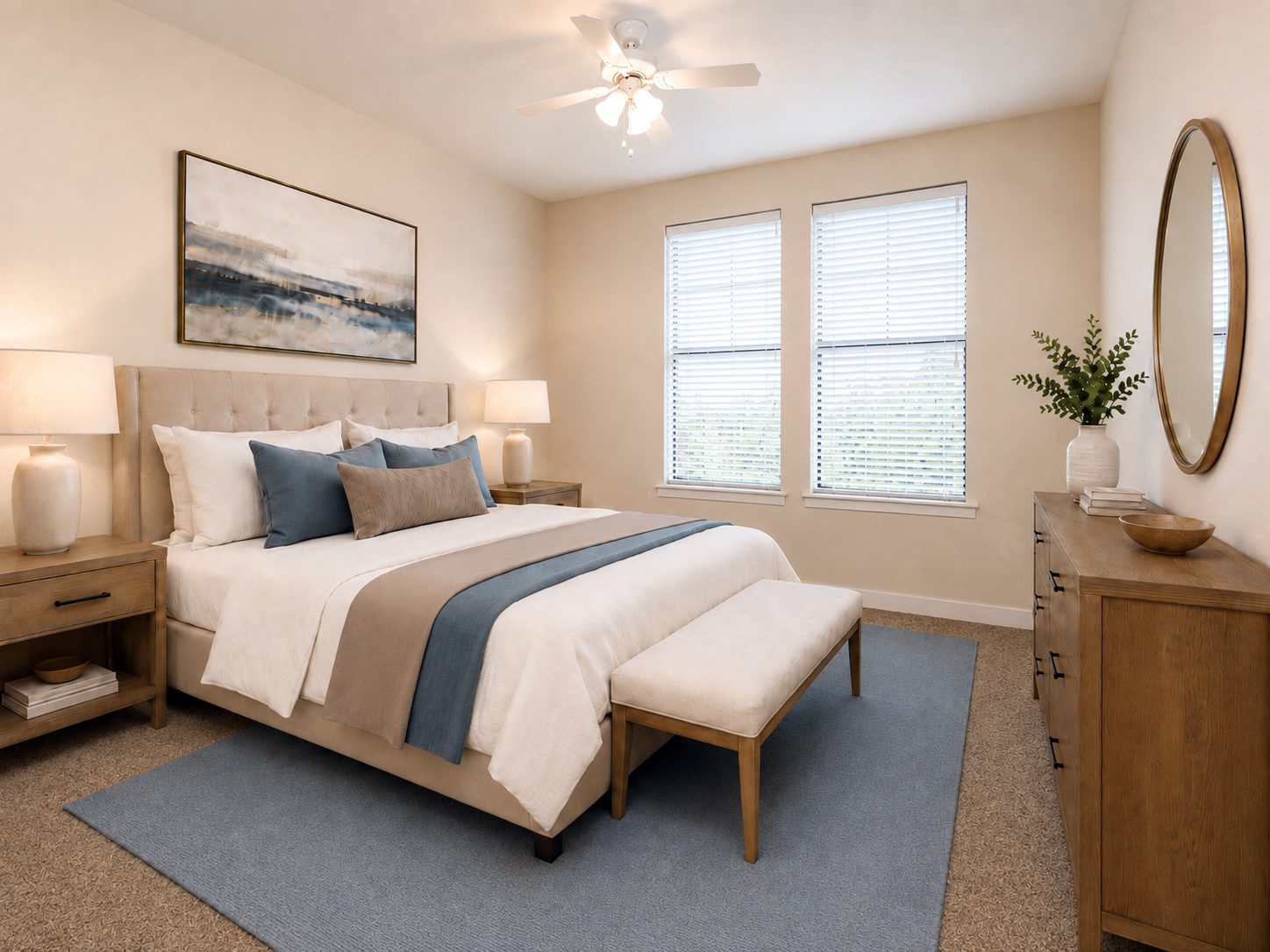 living room with large windows and carpet and bed, nightstands, bench, and dresser with neutral and blue accent decor